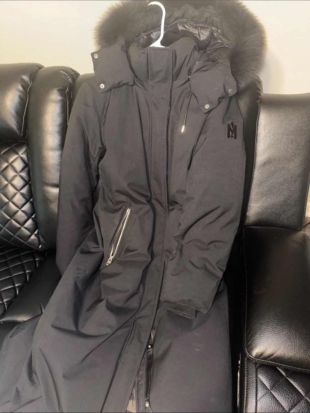 Mackage Black Long Puffer Coat with Fur Trim Hood
